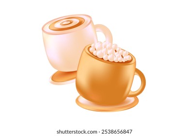 Cute 3D light beige cappuccino coffee cup set isolated, transparent PNG. Coffee mug floating with glowing plastic texture. Great for cafe menu, delivery price, discount sale, commercial presentation.
