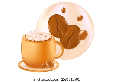 Cute 3D light beige cappuccino coffee cup isolated, transparent PNG. Coffee mug with glowing plastic texture. Great for cafe menu, delivery price, discount sale, commercial presentation.