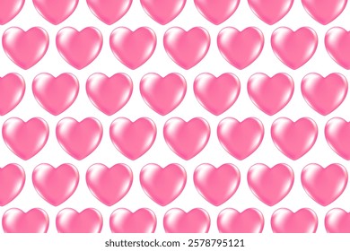 Cute 3D light pink heart pattern, glowing glass or plastic texture love hearts isolated, transparent background. Light pink shiny decoration, heart shape element.