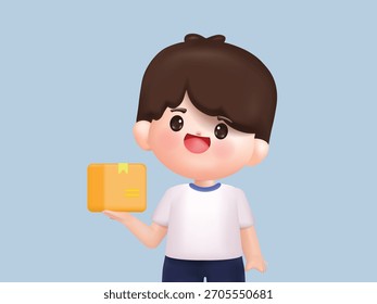 Hombre 3D lindo que sostiene una caja del paquete o del paquete. Personaje de personas de Vector 3D. Estilo minimalista de dibujos animados.
