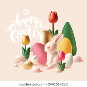 Cute 3D minimalist cartoon style Easter postcard with cute bunny, Easter eggs, bright tulips and calligraphic inscription.