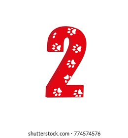 Cute 3d number 2 with traces of animals. White background