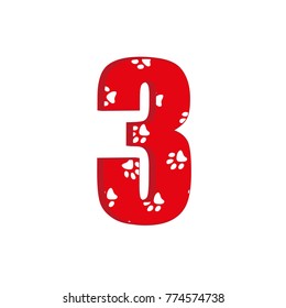 Cute 3d number 3 with traces of animals. White background