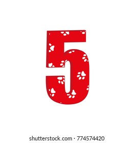 Cute 3d number 5 with traces of animals. White background