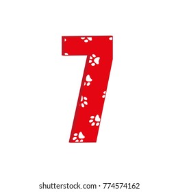Cute 3d number 7 with traces of animals. White background