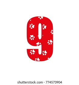Cute 3d number 9 with traces of animals. White background