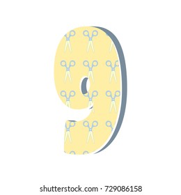 Cute 3D number Nine with scissors. Vector illustration. Element for design. Kids alphabet.