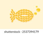 Cute 3D omega 3 fish oil soft gel capsules in a shape of fish illustration. Yellow gradient wallpaper for healthy nutrition vitamin D3, ocean krill oil DHA, EPA supplements background.