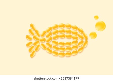 Cápsulas de gel suave de aceite de pescado 3D omega 3 lindo en forma de ilustración de pescado. Fondo de pantalla de gradiente amarillo para una nutrición saludable vitamina D3, aceite de kril oceánico DHA, suplementos de EPA de fondo.