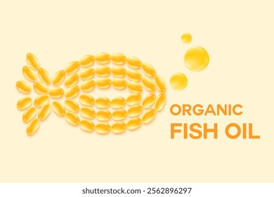 Cute 3D omega 3 fish oil soft gel capsules in a shape of fish illustration. Yellow gradient wallpaper for healthy nutrition vitamin D3, ocean krill oil DHA, EPA supplements background.