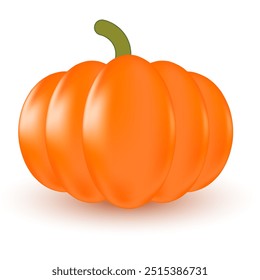 Cute 3D orange pumpkin, isolated transparent background. Cartoon glowing, plastic texture vegetable. Fall decoration sticker for presentation, infographics