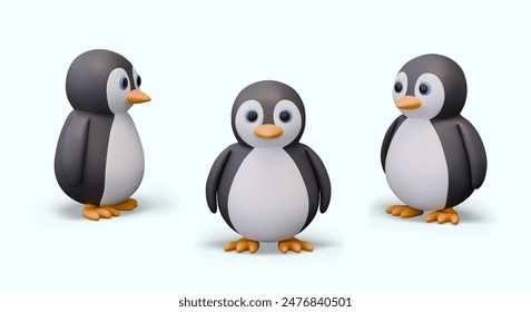 Cute 3D penguin, front view and different sides. Vector bird in children style