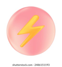 Cute 3D pink bubble with yellow power icon representing energy efficiency, lightening bolt for electrical hazard or ev charge. Transparent decoration. Great for presentation, social media