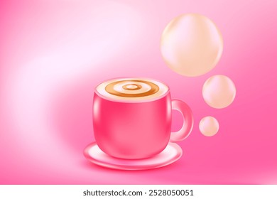 Lindo fondo de taza de café cappuccino rosa 3D con espacio de copia. Fondo de cafetería con textura de gradiente. Ideal para menú de cafetería, Precio de entrega, venta con descuento, anuncios comerciales, presentación de bebidas calientes.