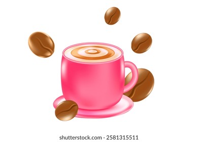 Cute 3D pink coffee cup icon isolated, transparent background. Aesthetic glowing glass or plastic texture mug with cappuccino cream swirl, scattered coffee beans. Elegant decorative element