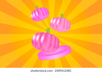 Calabazas flotantes rosadas lindas 3D, con el fondo del estallido estelar de la vendimia. Decoración de calabaza brillante estética para la venta de otoño o Anuncio de promoción.