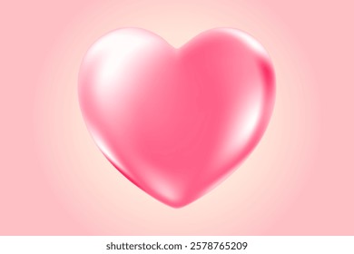 Cute 3D pink heart icon, glowing glass or plastic texture love heart clipart, isolated png, transparent background. Light pink shiny decoration, heart shape element.