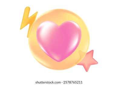 Cute 3D pink heart icon, glowing glass or plastic texture love heart clipart, isolated png, transparent background. Light pink shiny decoration, heart shape element.