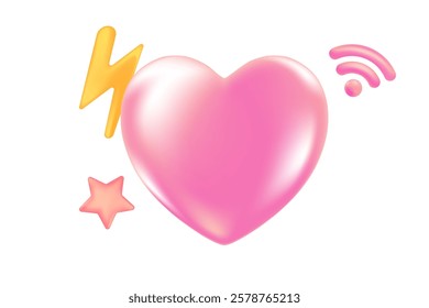 Cute 3D pink heart icon, glowing glass or plastic texture love heart clipart, isolated png, transparent background. Light pink shiny decoration, heart shape element.