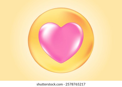 Cute 3D pink heart icon, glowing glass or plastic texture love heart clipart, isolated png, transparent background. Light pink shiny decoration, heart shape element.