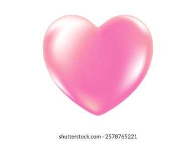 Cute 3D pink heart icon, glowing glass or plastic texture love heart clipart, isolated png, transparent background. Light pink shiny decoration, heart shape element.