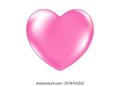 Cute 3D pink heart icon, glowing glass or plastic texture love heart clipart, isolated png, transparent background. Light pink shiny decoration, heart shape element.