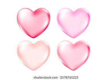 Cute 3D pink heart icon, glowing glass or plastic texture love heart clipart, isolated png, transparent background. Light pink shiny decoration, heart shape element.