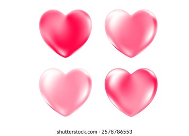 Cute 3D pink heart icon, glowing glass or plastic texture love heart clipart, isolated png, transparent background. Light pink shiny decoration, heart shape element.