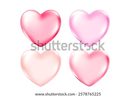 Cute 3D pink heart icon, glowing glass or plastic texture love heart clipart, isolated png, transparent background. Light pink shiny decoration, heart shape element.