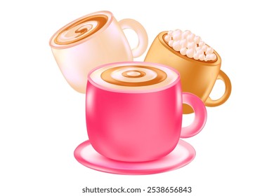 Cute 3D pink, light beige cappuccino coffee cup set isolated, transparent PNG. Coffee mug with glowing plastic texture. Great for cafe menu, delivery price, discount sale, commercial presentation.