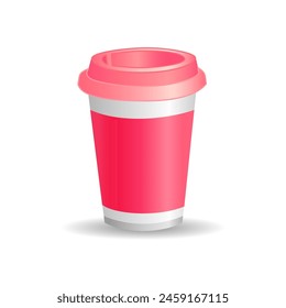 Cute 3D pink paper cup. Sample blank. Realistic clip art. Advertising template. Cafe menu design element. Tea or coffee banner. Isolated object. Editable color and shape. Abstract icon or logo. 