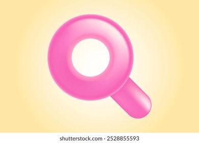 Lindo icono de búsqueda rosa 3D o elemento aislado de lupa, fondo de gradiente amarillo claro. Ilustración de lupa de textura de plástico brillante de dibujos animados estéticos para datos de marketing, motor de búsqueda SEO.