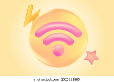 Lindo icono de wifi rosa 3D, fondo de zona de internet libre inalámbrico. Icono brillante de la red de Internet de la textura plástica para las infografías, presentación