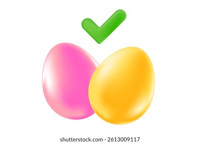 Cute 3D pink, yellow easter eggs with green check mark or ok icon, isolated Png, transparent background. Iridescent glowing glass or plastic texture clipart or decoration design element.