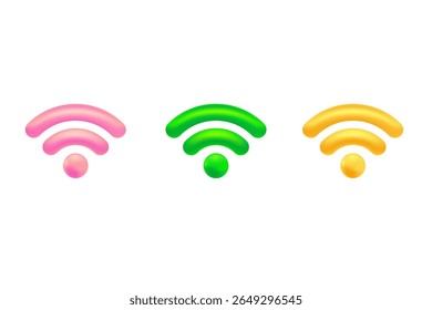 Cute 3D pink, yellow, green wifi icon, isolated transparent background, wireless free internet zone design element. Glowing plastic texture internet network icon for infographics, presentation
