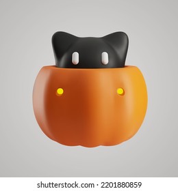 Cute 3d pumpkin with a black cat for Halloween. Funny doodle monster for the holiday. Abstract character ghost