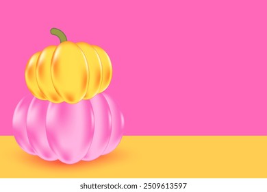 Cute 3D pumpkin stack, background with copy space. Princess pink, yellow glowing pumpkin decoration for fall sale or promotion banner.