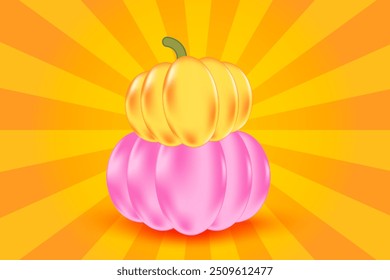 Cute 3D pumpkin stack, with vintage sunburst background. Princess pink, yellow glowing pumpkin decoration for fall sale or promotion banner.