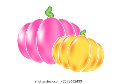 Abóboras 3D lindas isoladas PNG. Elemento de abóbora de desenho animado com textura de plástico brilhante, contorno de adesivo de aquarela. Laranja, pilha de abóbora amarela. Dia das Bruxas, decoração de Ação de Graças