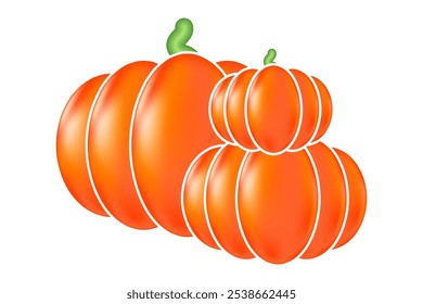 Cute 3D pumpkins isolated PNG. Cartoon pumpkin element with glowing plastic texture, watercolor sticker outline. Orange, yellow pumpkin stack. Halloween, Thanksgiving decoration