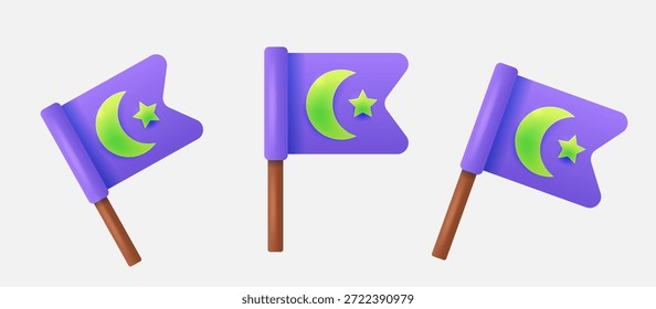 Banderas púrpuras lindas 3D con la media luna islámica. Conjunto de Elementos de celebración de Vector