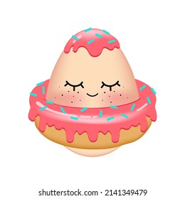 Cute 3d realistic cartoon Easter egg illustration with sweet donut decoration. Vector of funny pysanka character with a smiling expression. Lovely mascot design