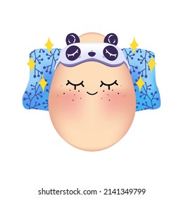 Cute 3d realistic cartoon Easter egg illustration with sleepy face panda mask decoration and pillow. Vector of funny pysanka character with a smiling expression. Lovely mascot design