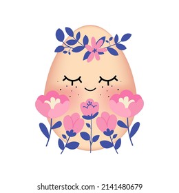 Cute 3d realistic cartoon Easter egg illustration in a flower wreath. Vector  mascot design of funny pysanka character with a smiling face expression