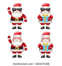 Cute 3d realistic cartoon secret santa claus toy gift box sunglasses character set icons isolated vector illustration