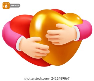 Cute 3d realistic hands hugging two large hearts, red and gold. Cartoon hearts embrace. Concept of love, Valentines Day celebration, friendship, togetherness. Vector illustration