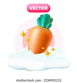 Cute 3d realistic vector carrot with shiny stars around in the snow. Bright winter reward concept isolated on white background
