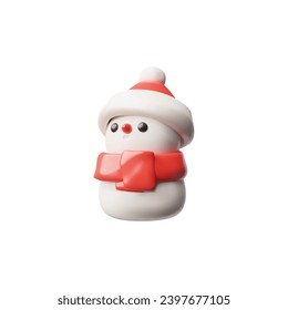 Cute 3d render snowman with a cozy red scarf and Santa hat, ideal for cheerful holiday and winter themes, vector illustration