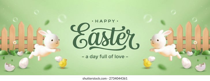 A cute 3D rendered horizontal banner features leaping white bunnies, yellow chicks, and broken eggshells set in a pastel green spring scene with a wooden fence and Happy Easter calligraphy.