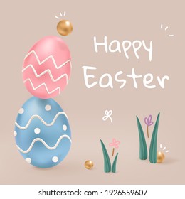 Cute 3d rendering Happy Easter greeting template vector with colorful eggs